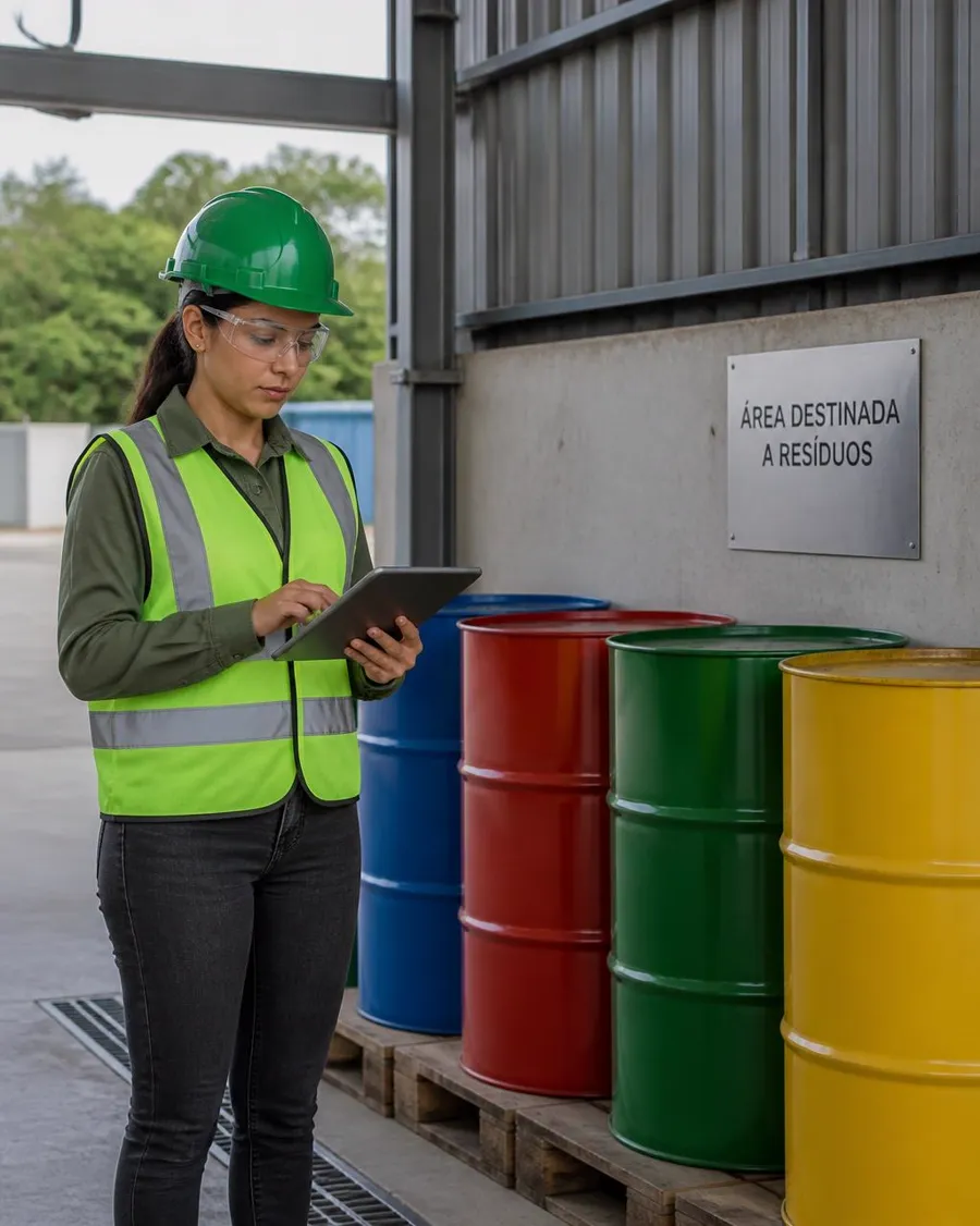 Técnico ambiental com colete de segurança e tablet inspecionando tambores de resíduos identificados por cor em área industrial destinada a resíduos