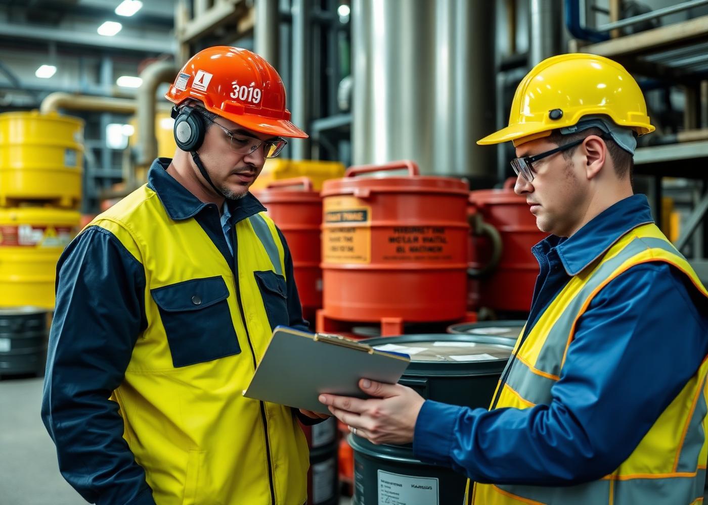 Técnicos revisando documentos de gerenciamento de resíduos industriais
